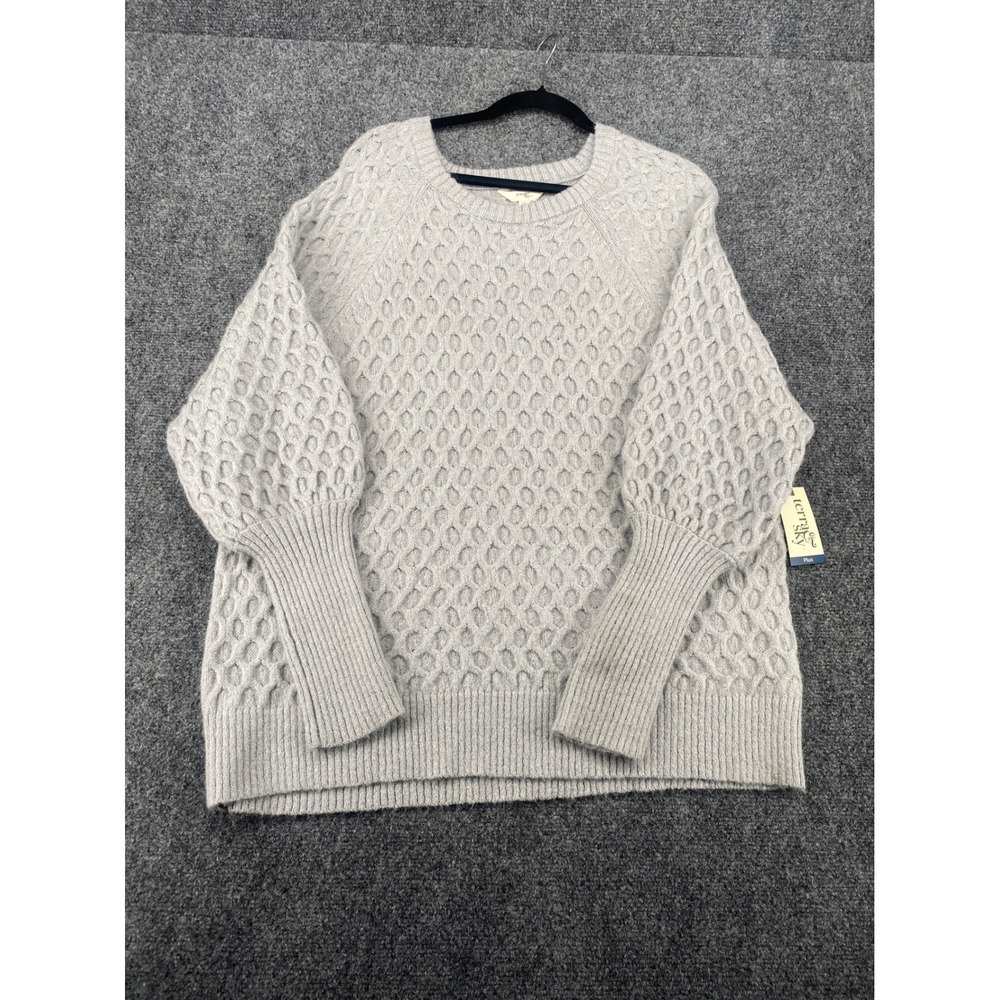 Terra & Sky Balloon Sleeve Sweater Womens 1X Grey Honeycomb Knit Pullover NEW